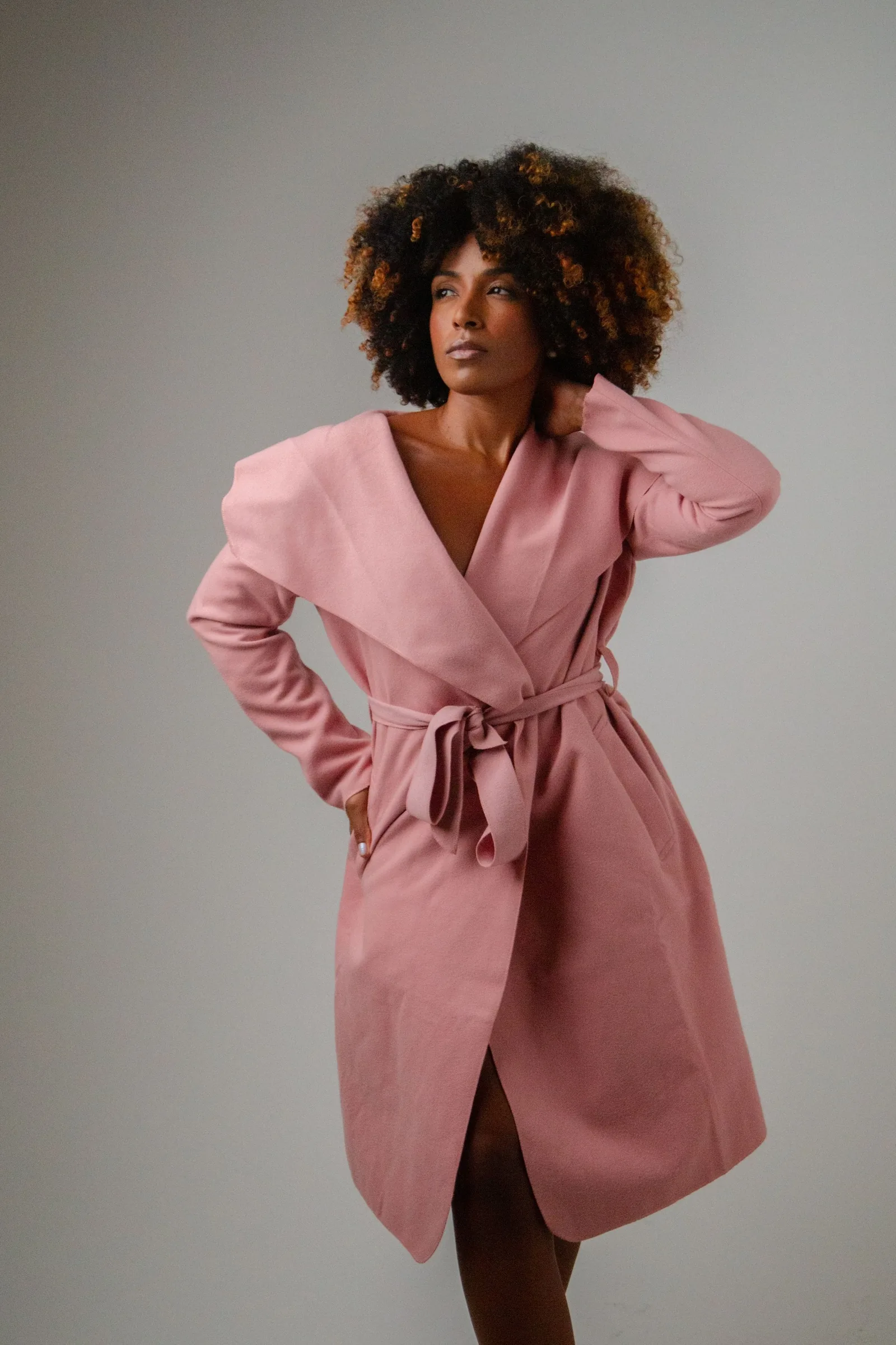 Lookbook: model in a pink trench coat
