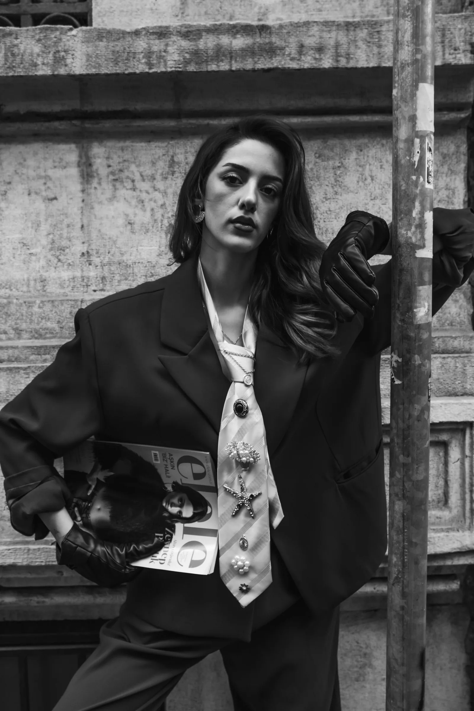 Black and white portrait of the model in the suit